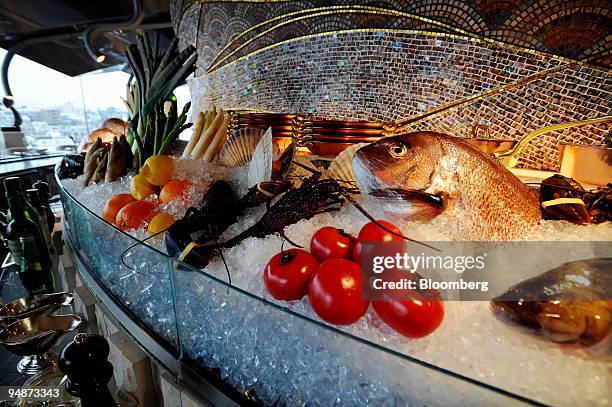 Fresh seafood and vegetables are chilled at Omotesando Ukai-tei teppan-yaki restaurant in the Omotesando district of Tokyo, Japan, on Friday, March...