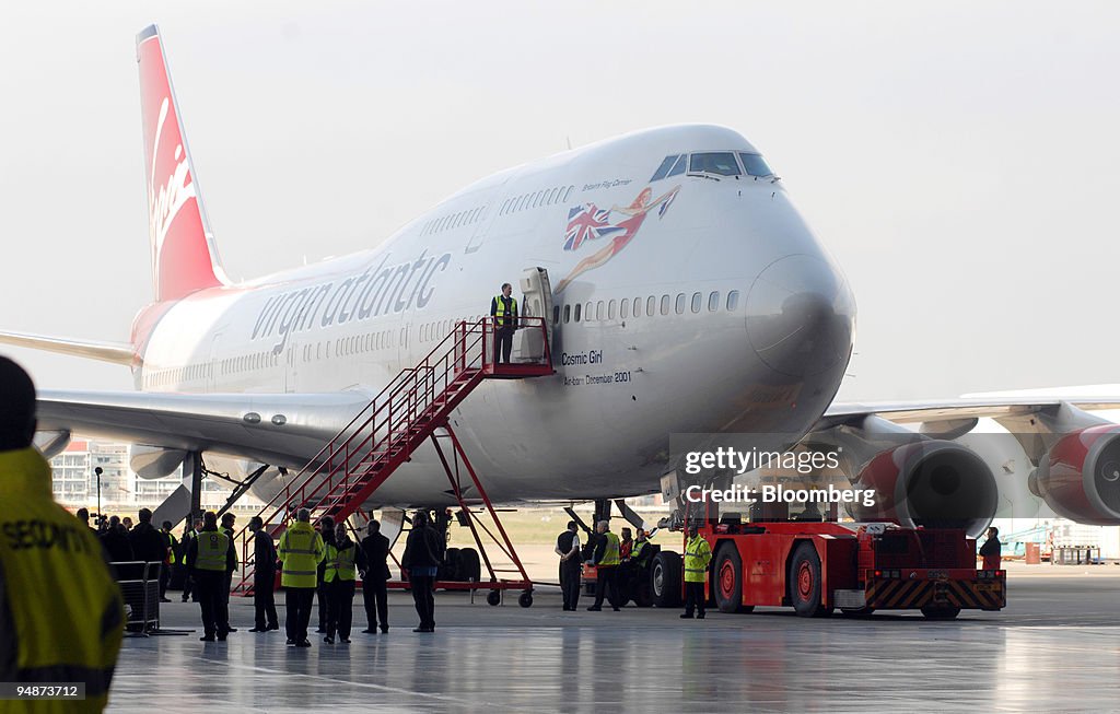 A Virgin Atlantic Boeing 747 jumbo jet sits in a hanger prio