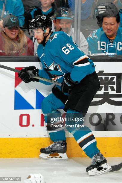 Melker Karlsson of the San Jose Sharks looks in Game Three of the Western Conference First Round against the Anaheim Ducks during the 2018 NHL...