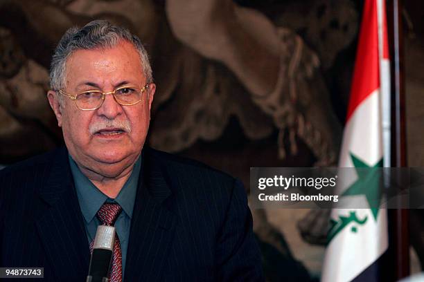 Iraqi President Jalal Talabani, speaks at a joint press conference in Prague, Czech Republic, Monday, October 3, 2005. Talabani was speaking today at...