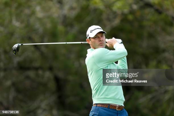 Shawn Stefani plays his shot from the fifth tee during the first round of the Valero Texas Open at TPC San Antonio AT&T Oaks Course on April 19, 2018...