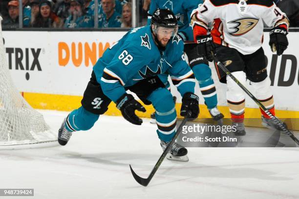 Melker Karlsson of the San Jose Sharks skates in Game Three of the Western Conference First Round against the Anaheim Ducks during the 2018 NHL...