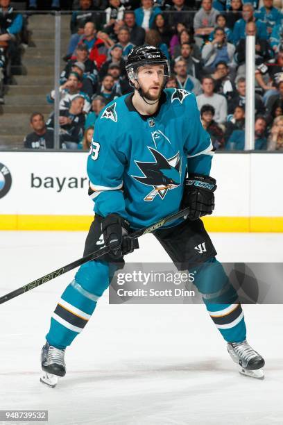 Melker Karlsson of the San Jose Sharks looks on in Game Three of the Western Conference First Round against the Anaheim Ducks during the 2018 NHL...