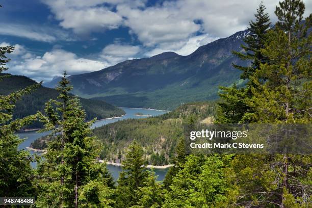 a view to ross lake and mountains beyond - partly cloudy stock pictures, royalty-free photos & images