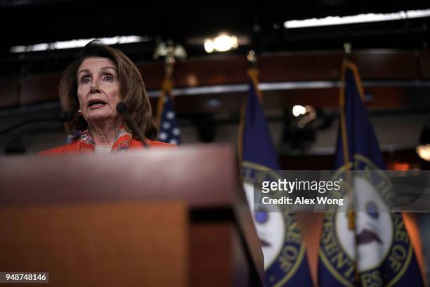 House Minority Leader Rep. Nancy Pelosi speaks during her weekly news conference April 19, 2018 on Capitol Hill in Washington, DC. Pelosi held a news...
