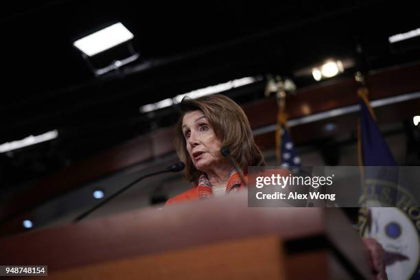 House Minority Leader Rep. Nancy Pelosi speaks during her weekly news conference April 19, 2018 on Capitol Hill in Washington, DC. Pelosi held a news...