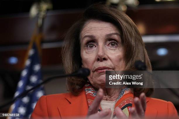 House Minority Leader Rep. Nancy Pelosi speaks during her weekly news conference April 19, 2018 on Capitol Hill in Washington, DC. Pelosi held a news...