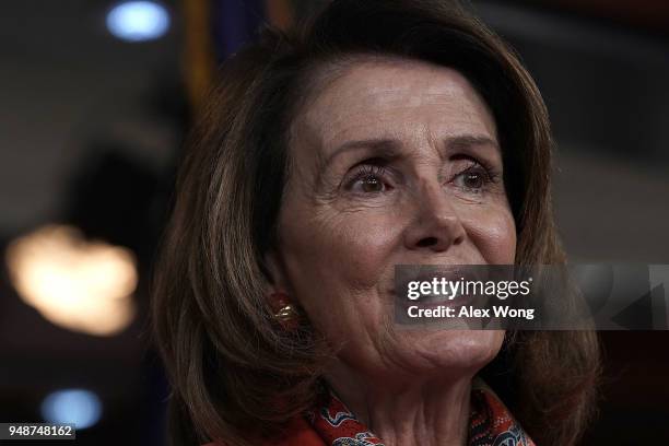 House Minority Leader Rep. Nancy Pelosi speaks during her weekly news conference April 19, 2018 on Capitol Hill in Washington, DC. Pelosi held a news...