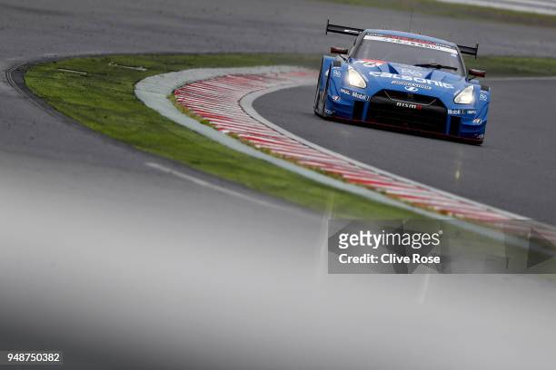 The Team Calsonic Impul Nissan GT-R driven by Daiki Sasaki of Japan and Jan Mardenborough of Great Britain in action during the Autobacs SuperGT...