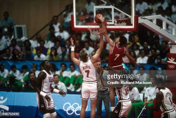 Summer Olympics: Croatia Toni Kukoc in action, dunk vs USA Larry Bird during Men's Gold Medal game at Pavello Olimpic. Dream Team. Badalona, Spain...