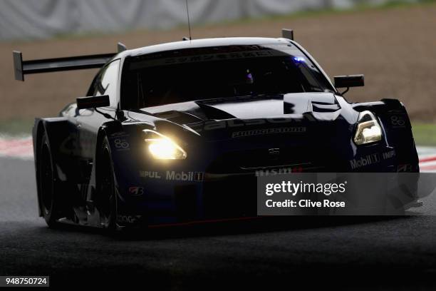 The Team Calsonic Impul Nissan GT-R driven by Daiki Sasaki of Japan and Jan Mardenborough of Great Britain in action during the Autobacs SuperGT...