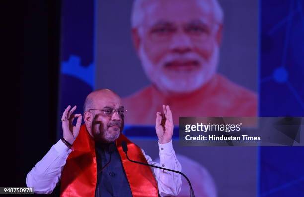 President Amit Shah during an interactive session with the professionals and entrepreneurs at Jnana Jyoti auditorium on April 19, 2018 in Bengaluru,...
