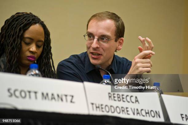 Rebecca Theodore Vachon and Matt Fagerholm participate in a panel discussion on the future of film criticism at the Hyatt Place during the Roger...
