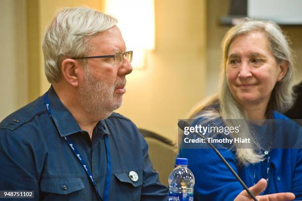 Leonard Maltin and Nell Minnow participate in a panel discussion on the future of film criticism at the Hyatt Place during the Roger Ebert Film...