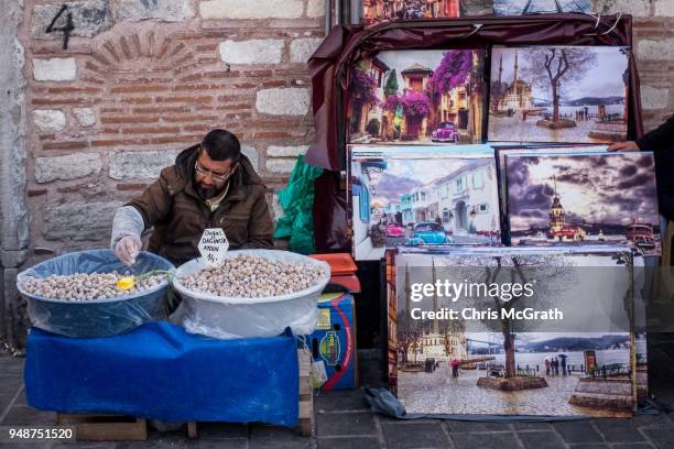 Man sells nuts next to souvenir paintings of Istanbul on April 19, 2018 in Istanbul, Turkey. Turkish President Recep Tayyip Erdogan on 18 April, 2018...