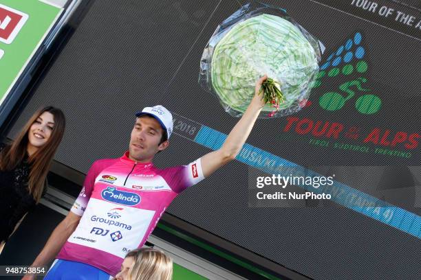 Thibault Pinot , Leader after stage 4, celebrates on podium after the 42nd Tour of the Alps 2018, Stage 4 a 134,4 stage from Chiusa/Klausen to Lienz...