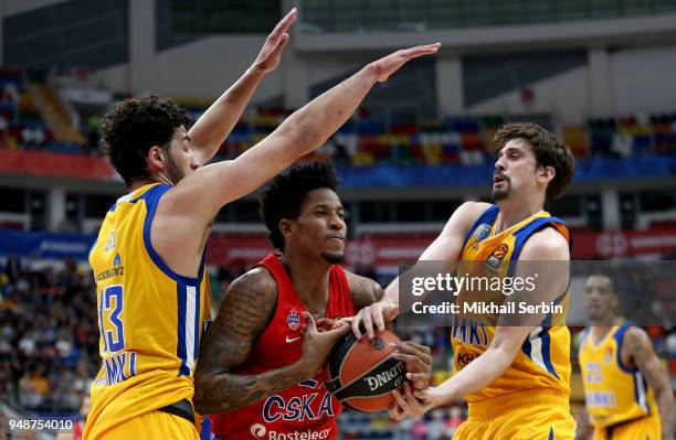 Will Clyburn, #21 of CSKA Moscow competes with Alexey Shved, #1 and Anthony Gill, #13 of Khimki Moscow Region in action during the Turkish Airlines...