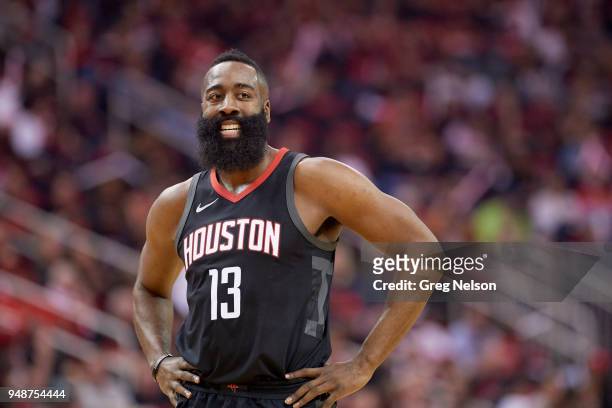 Playoffs: Houston Rockets James Harden during game vs Minnesota Timberwolves at Toyota Center. Game 1. Houston, TX 4/15/2018 CREDIT: Greg Nelson
