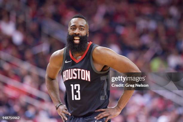 Playoffs: Houston Rockets James Harden during game vs Minnesota Timberwolves at Toyota Center. Game 1. Houston, TX 4/15/2018 CREDIT: Greg Nelson