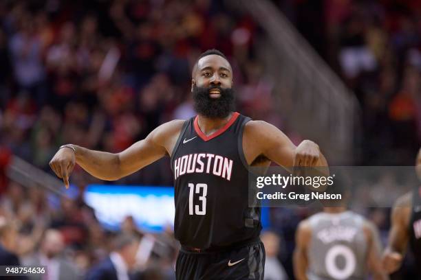 Playoffs: Houston Rockets James Harden during game vs Minnesota Timberwolves at Toyota Center. Game 1. Houston, TX 4/15/2018 CREDIT: Greg Nelson