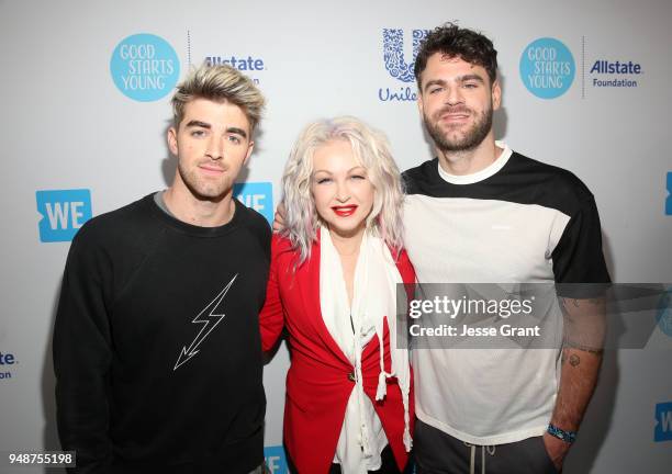 Cyndi Lauper with Alex Pall and Andrew Taggart of The Chainsmokers attend WE Day California at The Forum on April 19, 2018 in Inglewood, California.