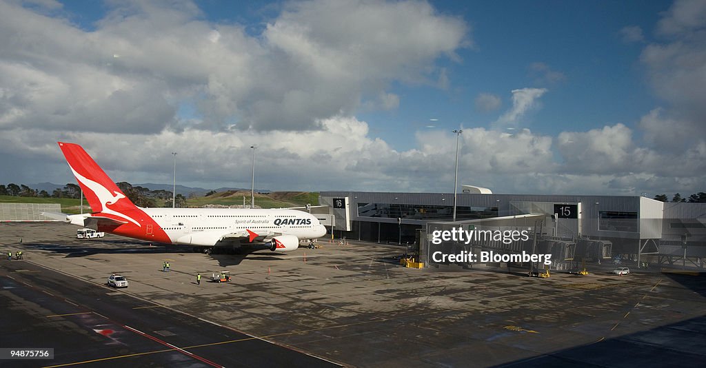 A Qantas Airways Ltd. Airbus A380 jet is parked at the new p