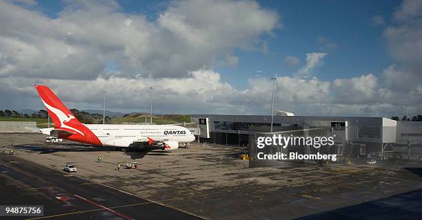 Qantas Airways Ltd. Airbus A380 jet is parked at the new pier at Auckland International Airport in Auckland, New Zealand on Friday, Oct. 10, 2008....