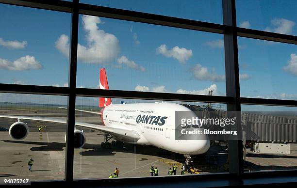Qantas Airways Ltd. Airbus A380 jet is parked at the new pier at Auckland International Airport in Auckland, New Zealand on Friday, Oct. 10, 2008....