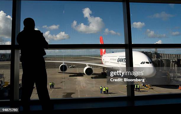 Qantas Airways Ltd. Airbus A380 jet is parked at the new pier at Auckland International Airport in Auckland, New Zealand on Friday, Oct. 10, 2008....