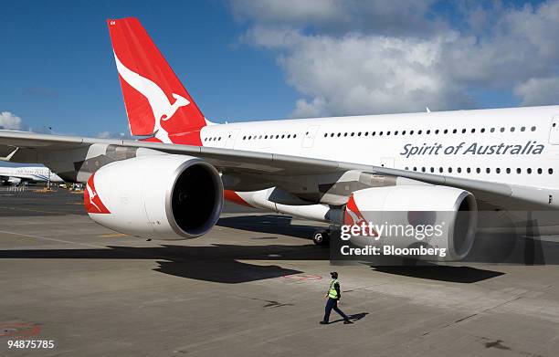 Qantas Airways Ltd. Airbus A380 jet is parked at the new pier at Auckland International Airport in Auckland, New Zealand on Friday, Oct. 10, 2008....