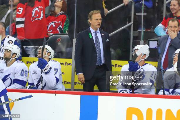Tampa Bay Lightning Head Coach Jon Cooper during the second period of the First Round Stanley Cup Playoff Game 4 between the New Jersey Devils and...