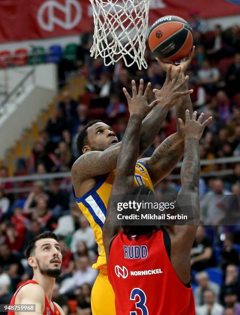 Thomas Robinson, #0 of Khimki Moscow Region competes with Victor Rudd, #3 of CSKA Moscow in action during the Turkish Airlines Euroleague Play Offs...