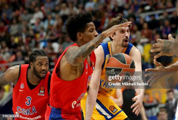 Alexey Shved, #1 of Khimki Moscow Region competes with Will Clyburn, #21 of CSKA Moscow in action during the Turkish Airlines Euroleague Play Offs...