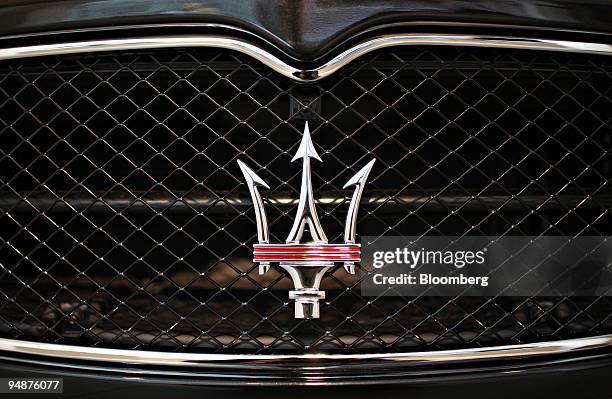 Maserati logo appears on the front grille of a 2009 GranTurismo S in the Ferrari Maserati showroom in New York, U.S., on Tuesday, March 18, 2008. The...