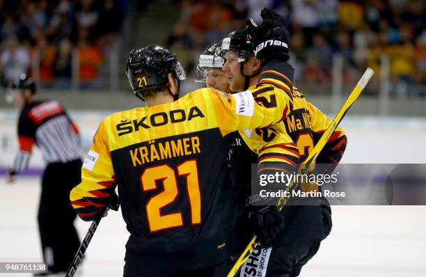 Marcel Mueller of Germany celebrate with team mate Nicolas Kraemmer after he scores the 3rd goal during the Icehockey International Friendly match...