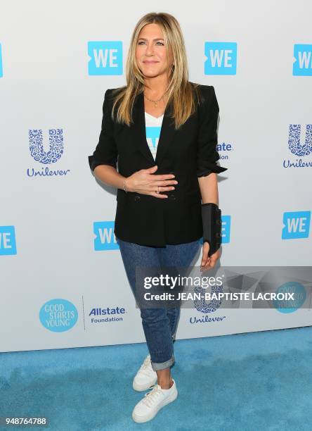 Jennifer Aniston attends WE Day California at The Forum, in Inglewood, California, on April 19, 2018.