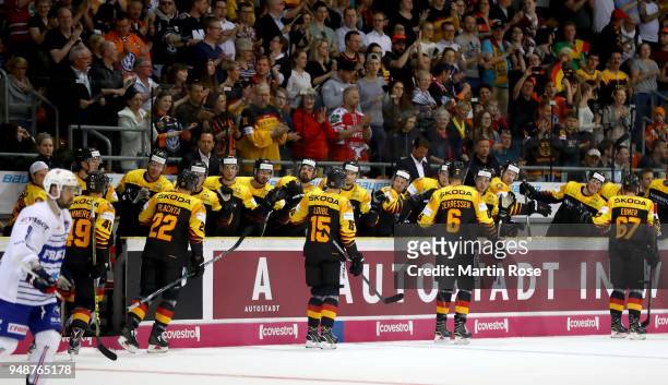 The team of Germany celebrate the 5th goal during the Icehockey International Friendly match between Germany and France at BraWo Eis Arena on April...