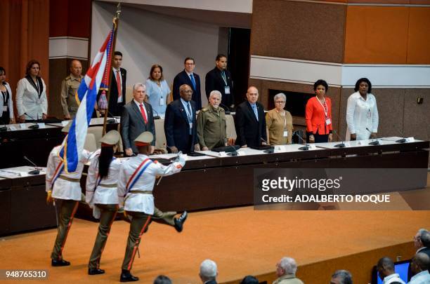 Cuba's new President Miguel Diaz-Canel stands with the new members of Cuba's Council of State First Vice-President Salvador Valdez Mesa,...