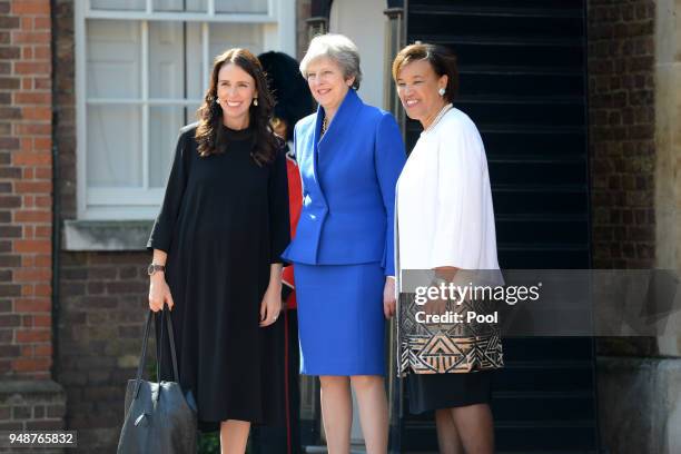 Prime Minister of the United Kingdom, Theresa May and the Commonwealth Secretary General Patricia Scotland welcome New Zealand Prime Minister Jacinda...