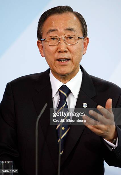 Ban Ki-Moon, the United Nations' secretary-general, speaks at the federal chancellory in Berlin, Germany, on Tuesday, July 15, 2008. Israeli Prime...