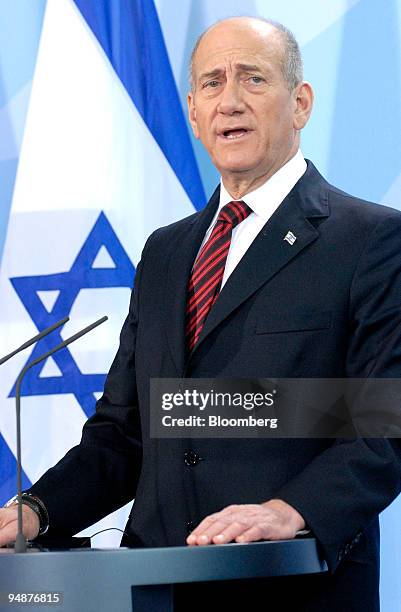 Ehud Olmert, Israel's prime minister, speaks at the German chancellory in Berlin, Germany, on Tuesday, Feb. 12, 2008. Olmert said his government will...