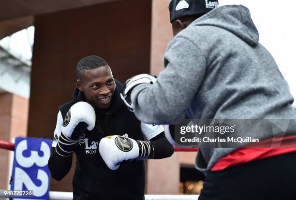 Boxer Zolani Tete is put through his paces at Victoria Square on April 19, 2018 in Belfast, Northern Ireland. Tete was taking part in an open workout...