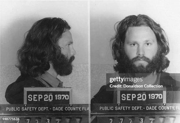Singer Jim Morrison of The Doors mugshot on September 20, 1970 in Dade County, Florida.