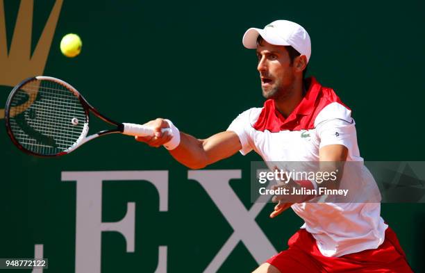 Novak Djokovic of Serbia in action during his men's singles match against Dominic Thiem of Austria on day five of the Rolex Monte-Carlo Masters at...