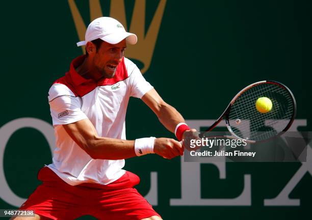 Novak Djokovic of Serbia in action during his men's singles match against Dominic Thiem of Austria on day five of the Rolex Monte-Carlo Masters at...