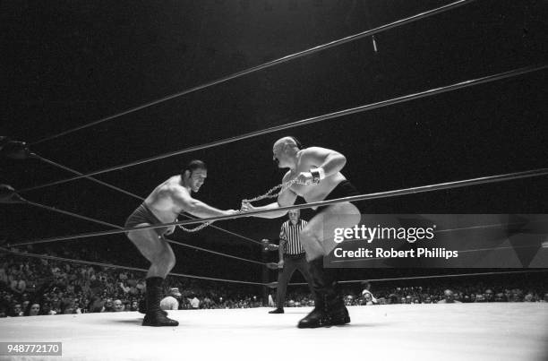 Bruno Sammartino in action vs Geeto Mongol during Mongolian Chain match at Civic Arena. Pittsburgh, PA 8/13/1971 CREDIT: Robert Phillips