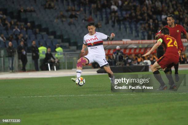 Gianluca Lapadula stop the ball versus Alessandro Florenzi at Stadio Olimpico of Rome, As Roma winning the match versus Genoa and safe the third...