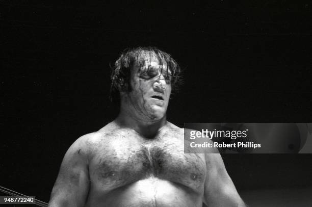 Bruno Sammartino bloody from injury during match vs Geeto Mongol at Civic Arena. Pittsburgh, PA 8/13/1971 CREDIT: Robert Phillips