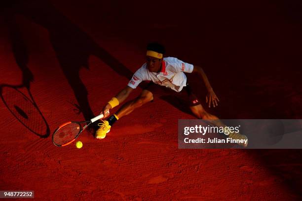 Kei Nishikori of Japan in action during his men's singles match against Andreas Seppi of Italy on day five of the ATP Masters Series Monte Carlo...