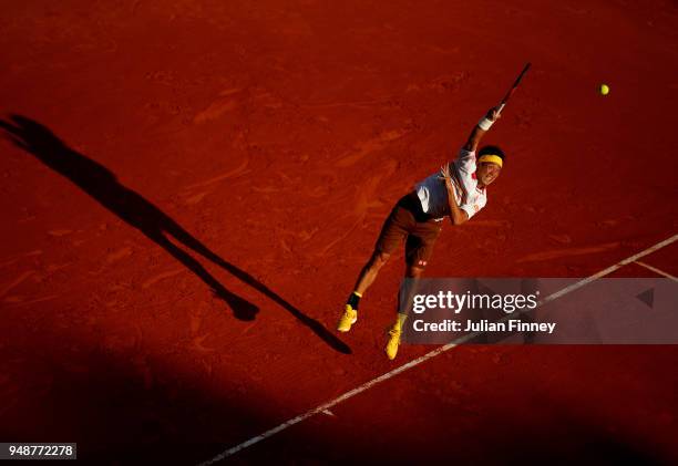 Kei Nishikori of Japan in action during his men's singles match against Andreas Seppi of Italy on day five of the ATP Masters Series Monte Carlo...